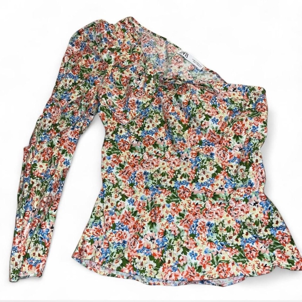 Zara Floral One-Shoulder Blouse in Cream, Pink, Blue & Green